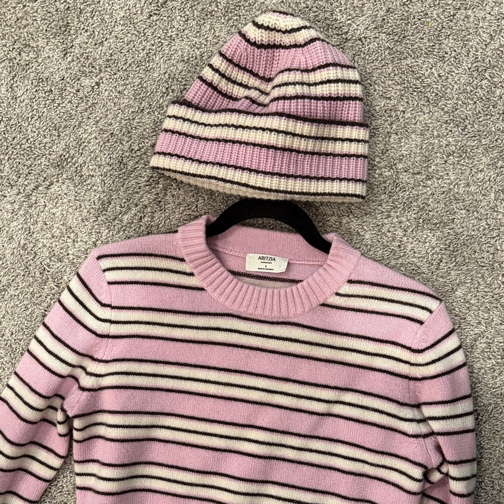 Aritzia Pink and Brown Striped Crew Neck Cashmere Sweater AND Beanie Hat